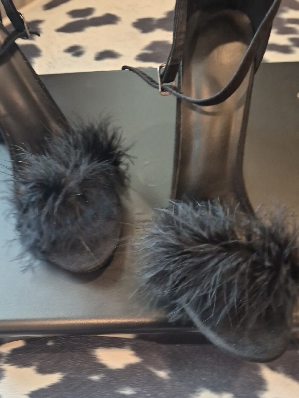 Black Faux-Fur Block Heel Sandals - Women 4inch